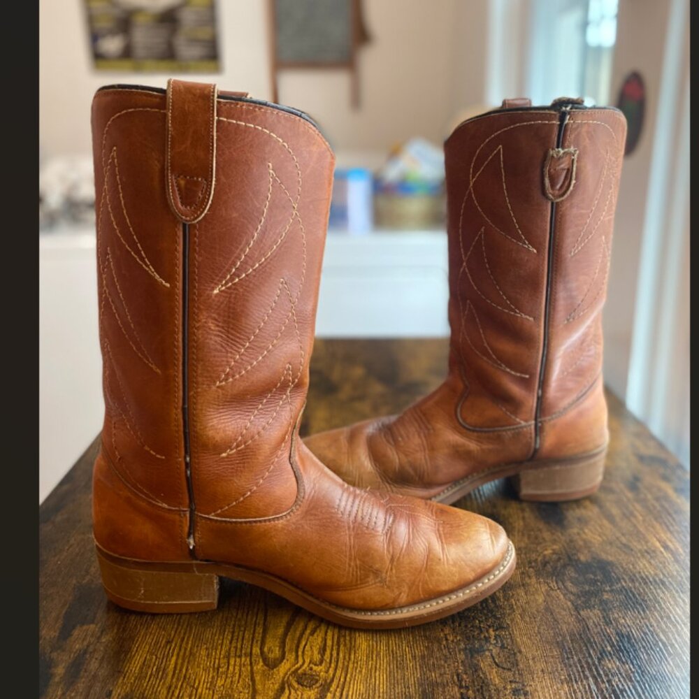 Vintage 1970s Double H Leather Cowboy Boots Men's Size 8.5 Unisex Western - Picture 5 of 13